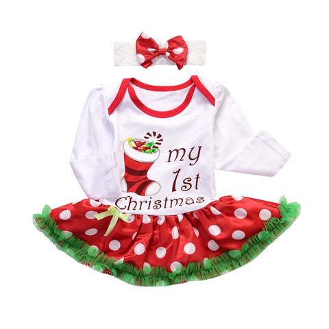 Newborn Christmas Girl Dress Infant Baby Printing Romper Tutu Dress with Headband
